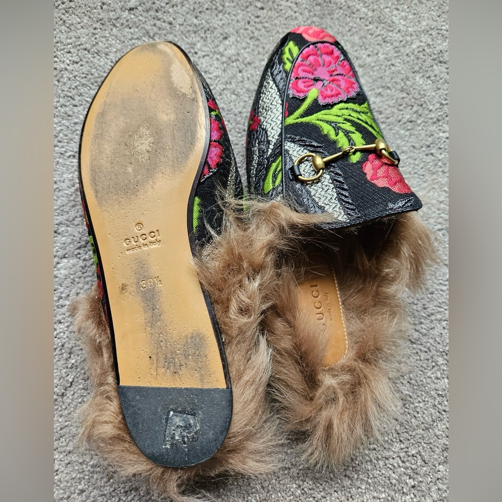 Gucci Princetown Fur Loafers 38.5 Black Pink Floral Brocade Mules Slides - Picture 2 of 4
